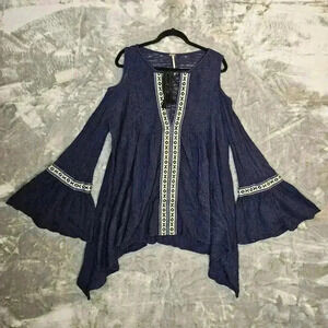 Free People Top Womens M Navy Knit Boho Festival Hippie Cold Shoulder